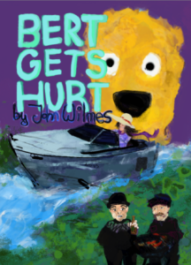 A sentient Chicken McNugget watches a big boat driven by a woman in a big hat go down a river. In the foreground, two river boys stand and chat, dressed in black Text says BERT GETS HURT by John Wilmes